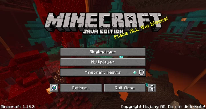 minecraft java edition - place all the blocks! splash screen, singleplayer, multiplayer, minecraft realms, options, quit game. version 1.16.3 - 1.20.1